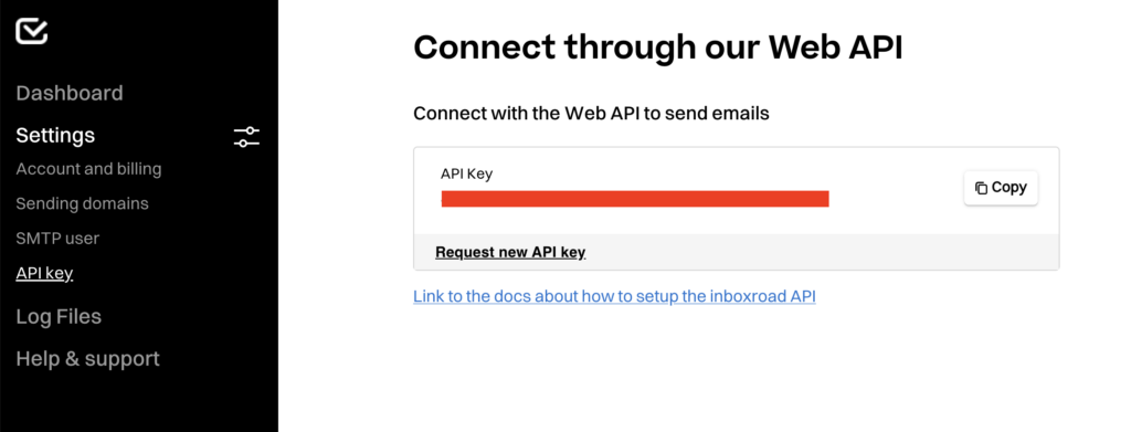 Copy API key from Inboxroad Admin